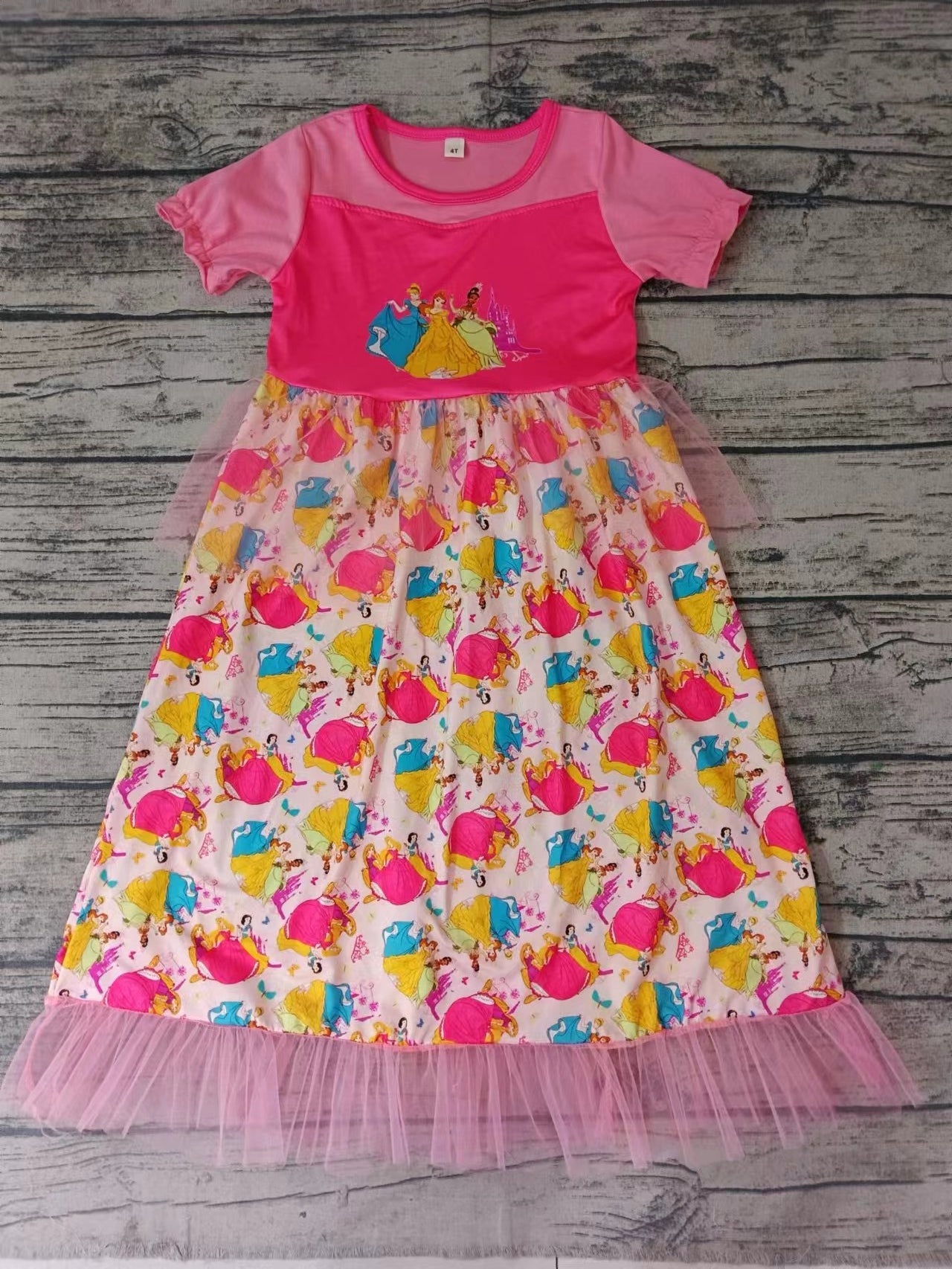 MOQ 3 pcs pink short sleeves princess tulle girls dresses