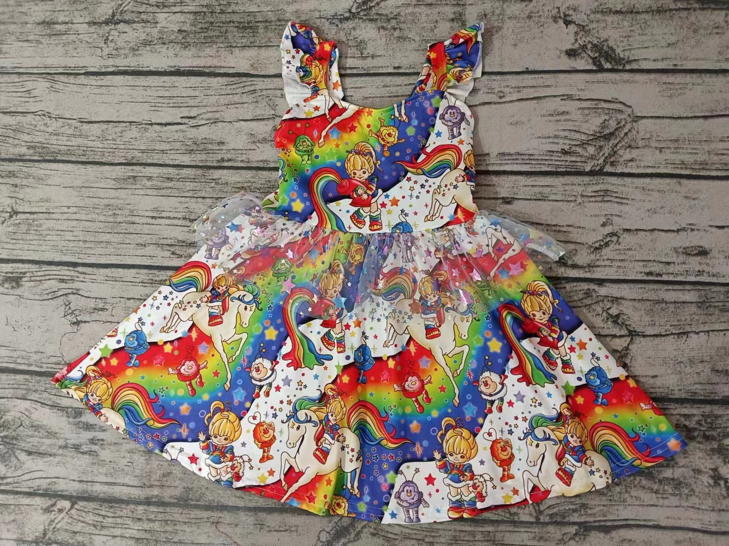 MOQ 3 pcs flutter sleeves colorful unicorn girls tulle dresses