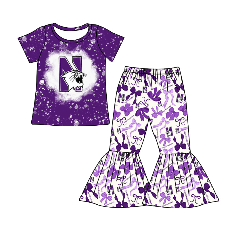 MOQ 3 pcs bleached purple N top bow pants girls team clothes