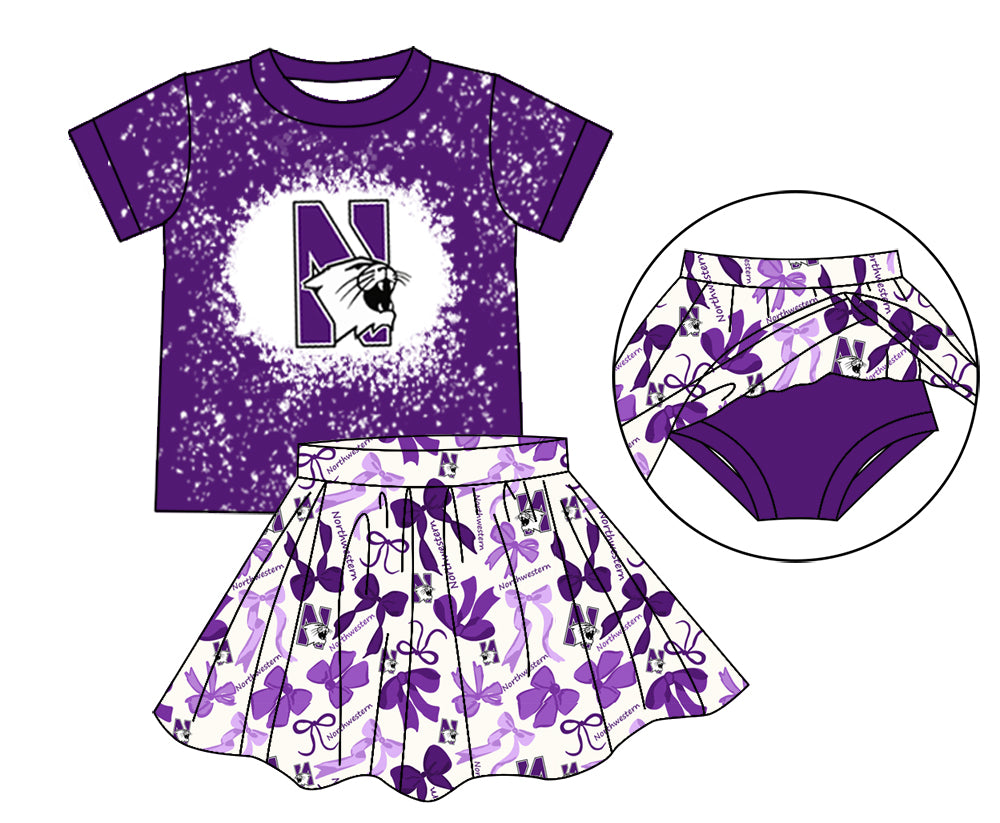 MOQ 3 pcs purple N bleached top bow skirt girls team outfits