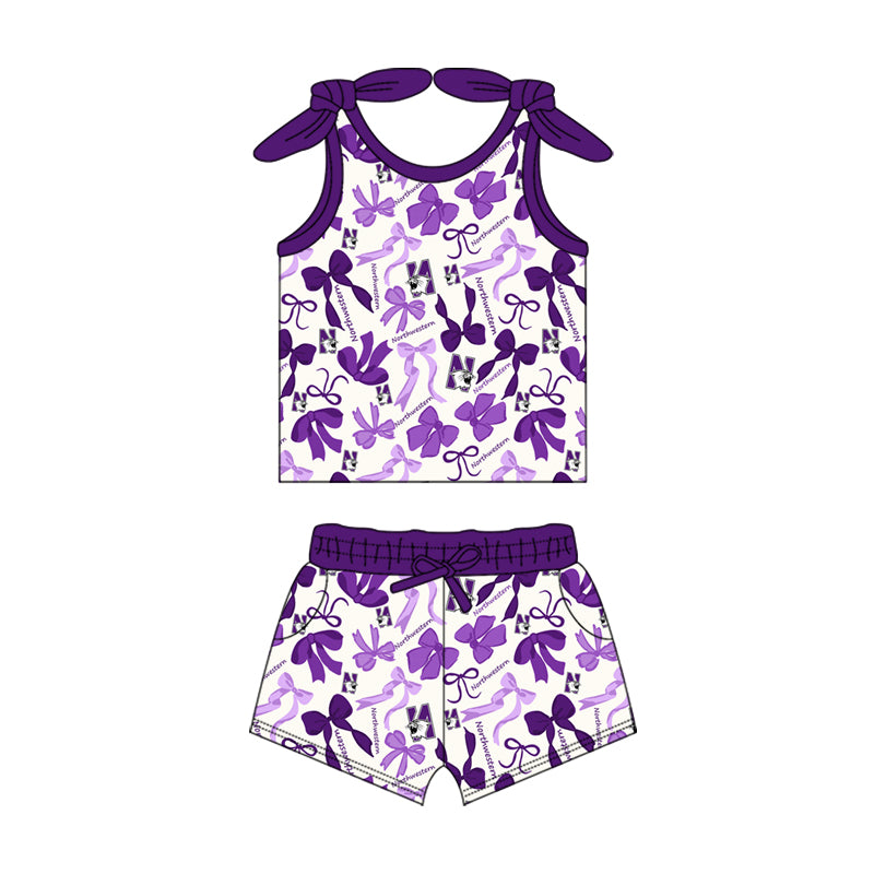 MOQ 3 pcs sleeveless N purple bow top shorts girls team clothes
