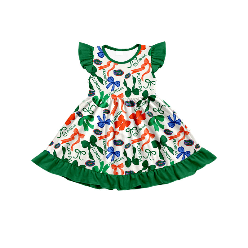 MOQ 3 pcs flutter sleeves crocodile bows girls team dress