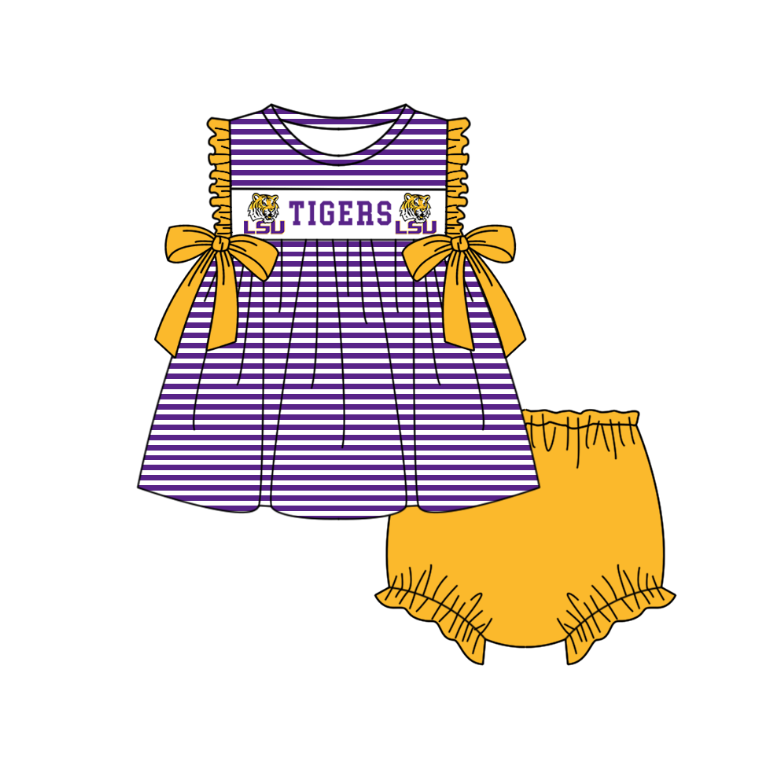 MOQ 5 pcs purple stripe yellow bow LSU tunic bummies baby girls team set