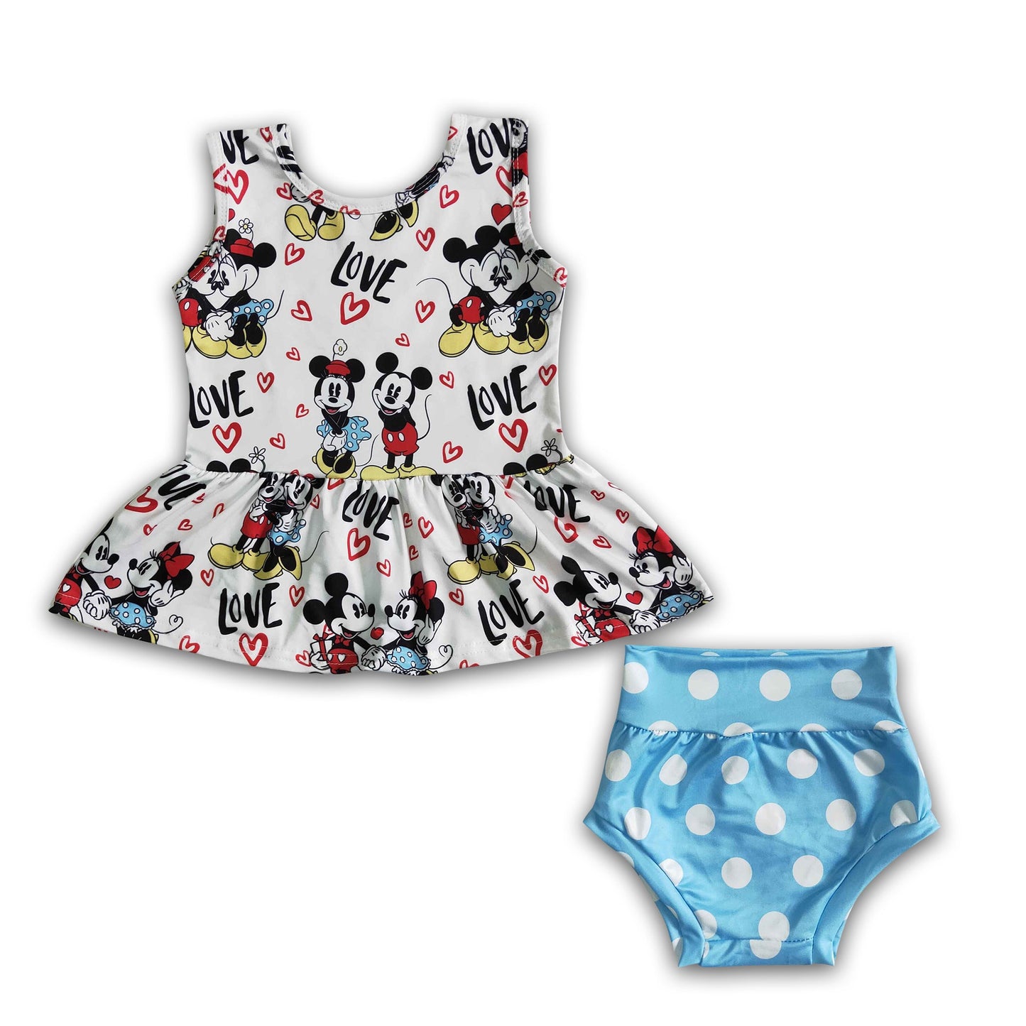 Love mouse sleeveless peplum polka dots bummies baby summer set