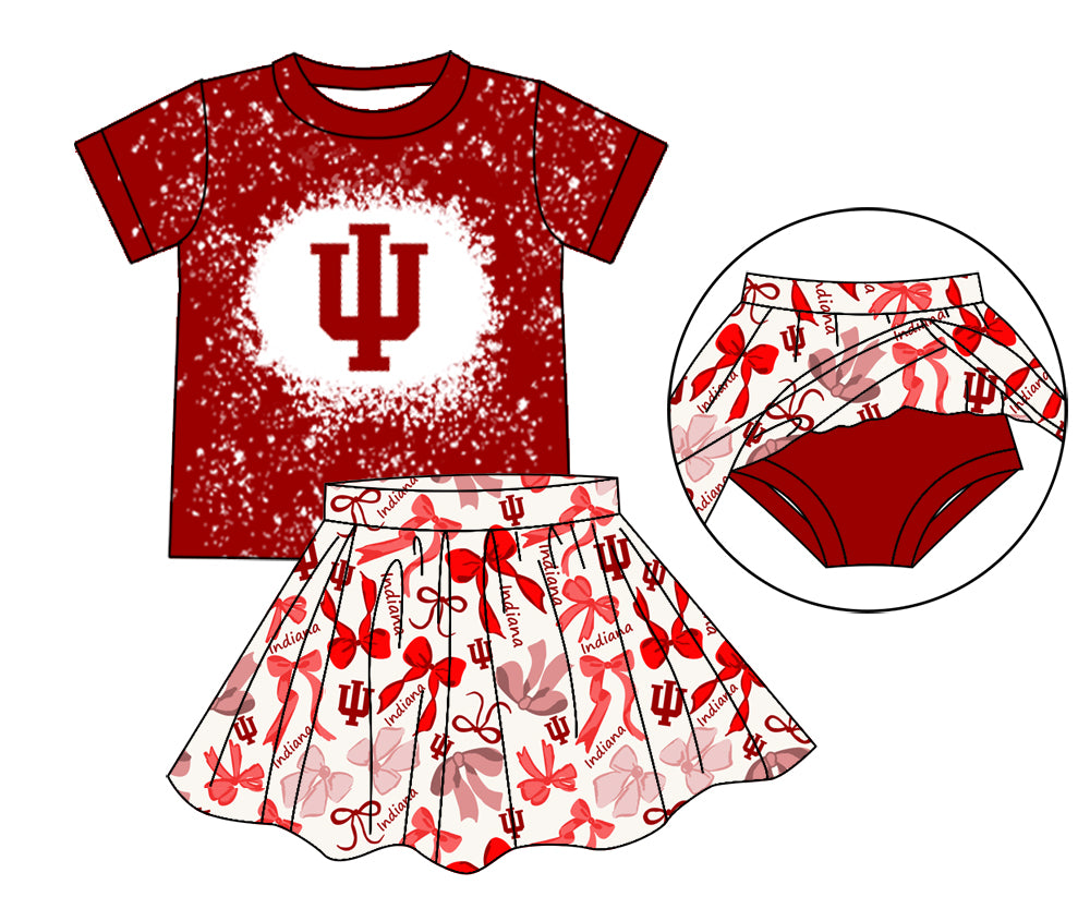 MOQ 3 pcs red I bleached top bow skirt girls team outfits