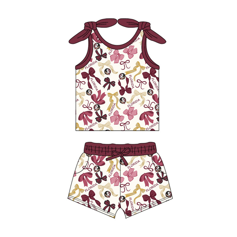 MOQ 3 pcs sleeveless feather bow top shorts girls team clothes