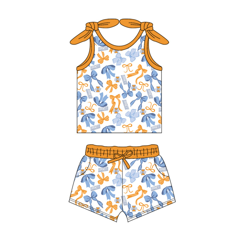 MOQ 3 pcs sleeveless I yellow bow top shorts girls team clothes