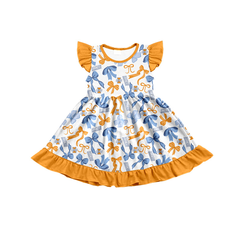MOQ 3 pcs flutter sleeves I yellow bows girls team dress