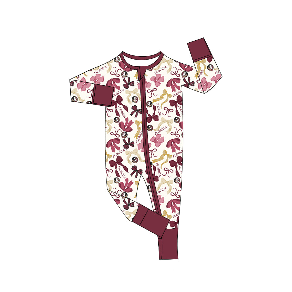 MOQ 3 pcs long sleeves feather bows baby team zip romper