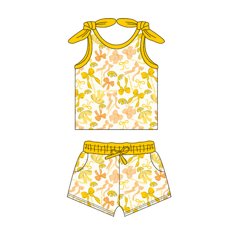 MOQ 3 pcs sleeveless yellow bow top shorts girls team clothes