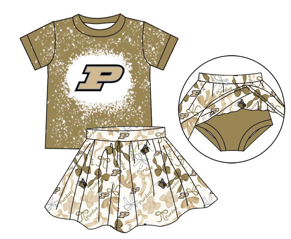 MOQ 3 pcs P bleached top bow skirt girls team outfits