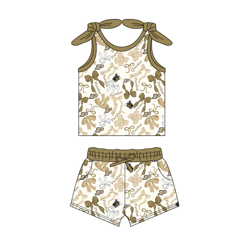 MOQ 3 pcs sleeveless P bow top shorts girls team clothes