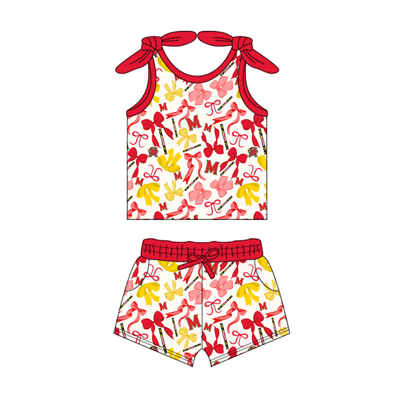 MOQ 3 pcs sleeveless M red bow top shorts girls team clothes