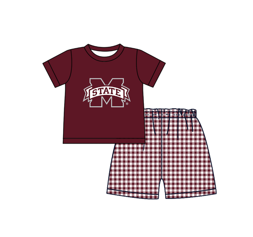 MOQ 5 pcs brown short sleeves M top plaids shorts boys team outfit
