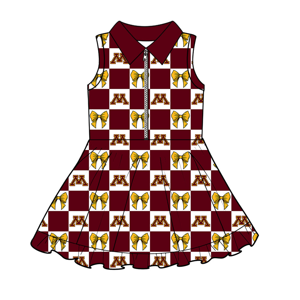 MOQ 5 pcs sleeveless plaid bow maroon M girls team athletic polo dress