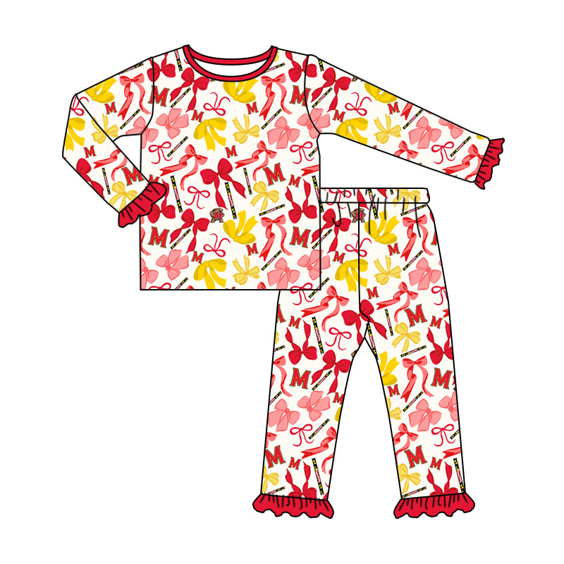 MOQ 3 Long sleeves M red yellow bow kids girls team pajamas