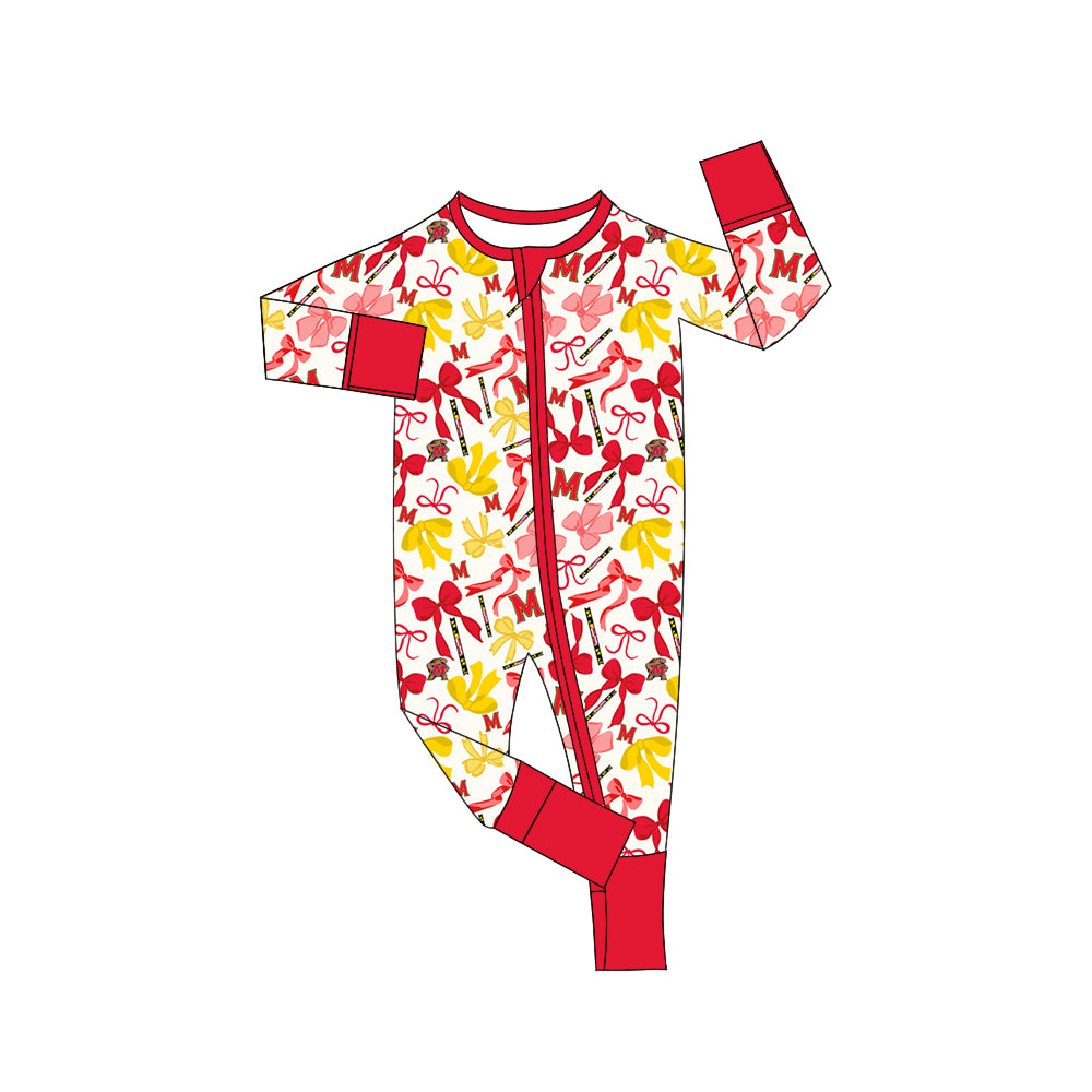 MOQ 3 pcs long sleeves M red bows baby team zip romper