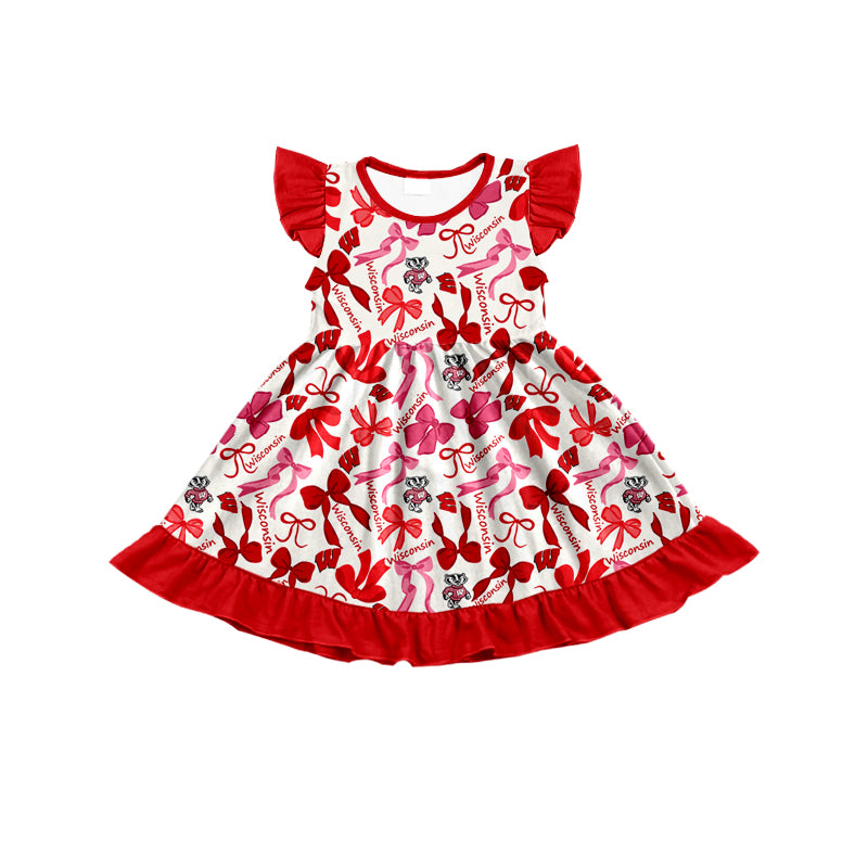 MOQ 3 pcs flutter sleeves W red bows girls team dress