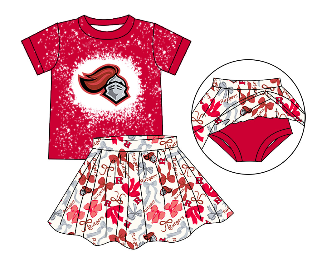 MOQ 3 pcs red R bleached top bow skirt girls team outfits