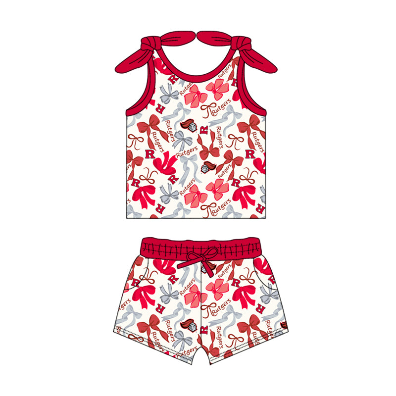 MOQ 3 pcs sleeveless R red bow top shorts girls team clothes