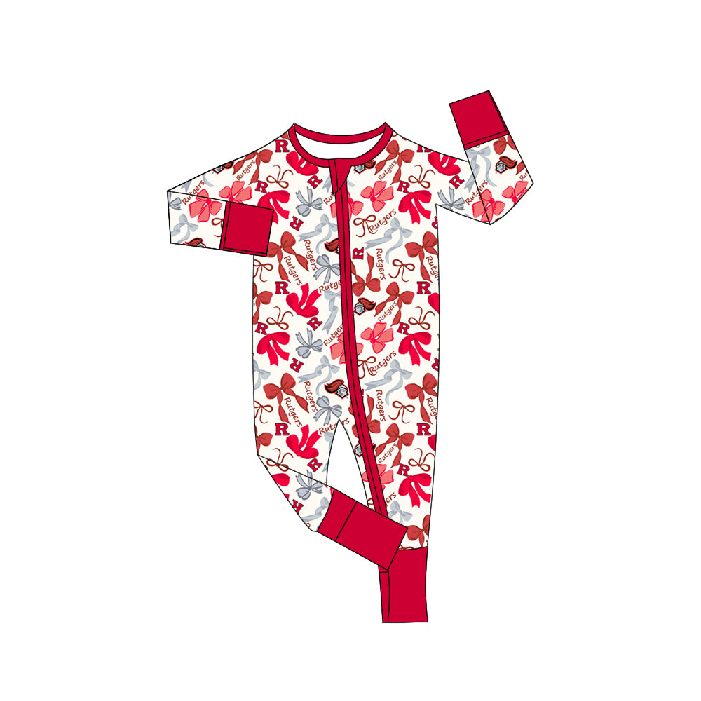 MOQ 3 pcs long sleeves R red bows baby team zip romper