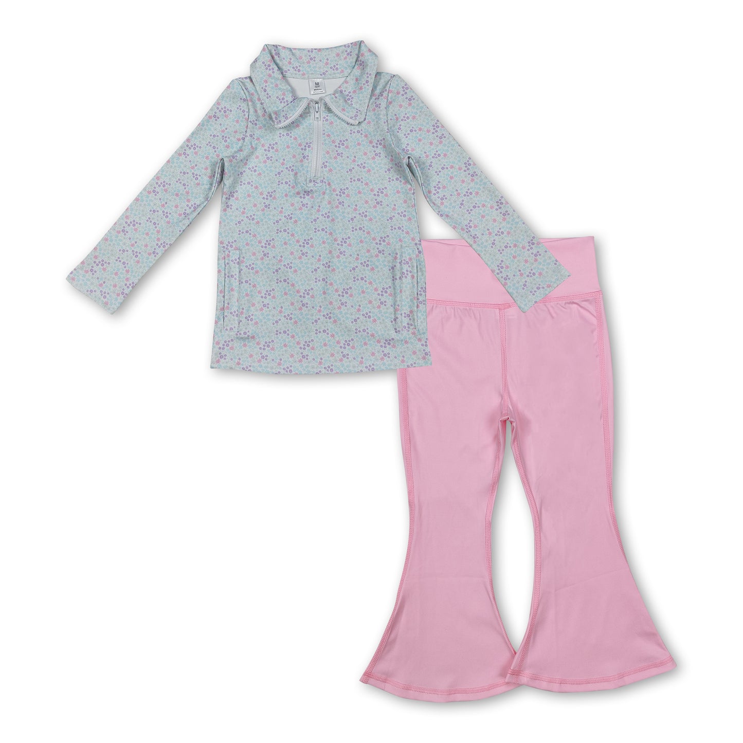 blue flowers zipper pullover match light pink pant girls pocket yoga set