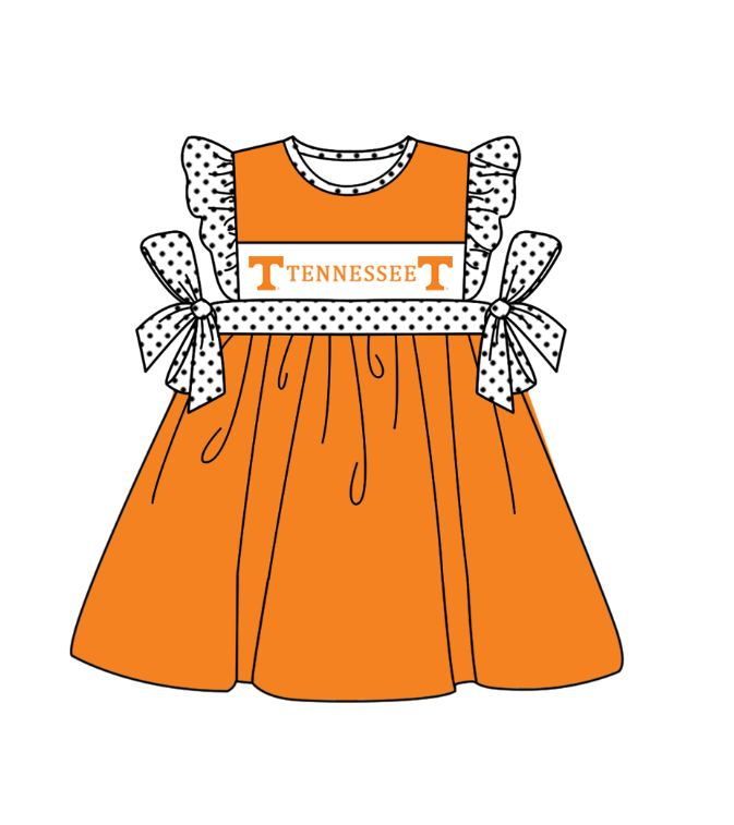 MOQ 5 pcs orange flying sleeves white polka dots bow T girls team dresses