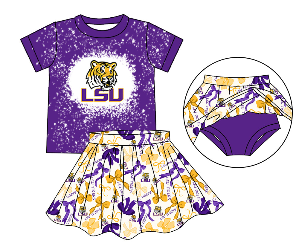 MOQ 3 pcs tiger bleached top bow skirt girls team outfits