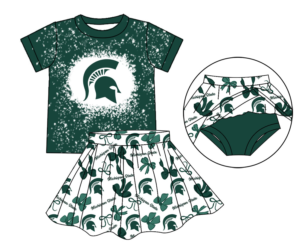 MOQ 3 pcs green M bleached top bow skirt girls team outfits