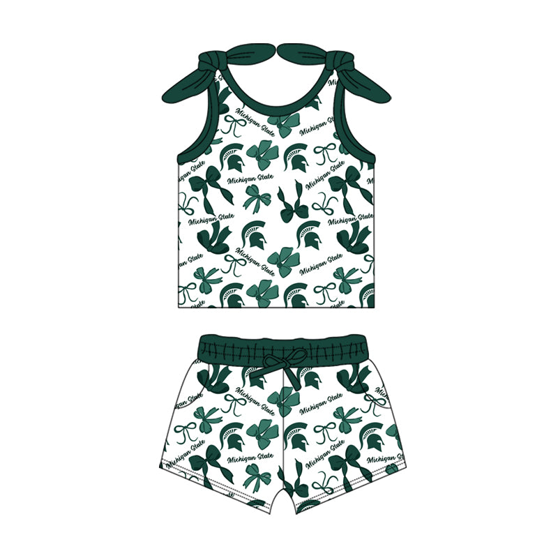 MOQ 3 pcs sleeveless M green bow top shorts girls team clothes