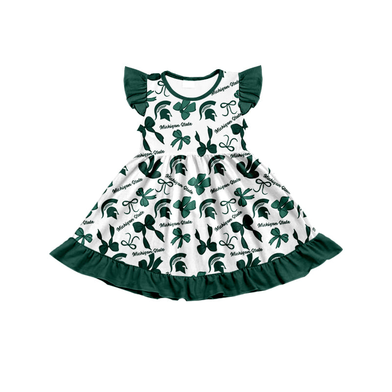 MOQ 3 pcs flutter sleeves M green bows girls team dress