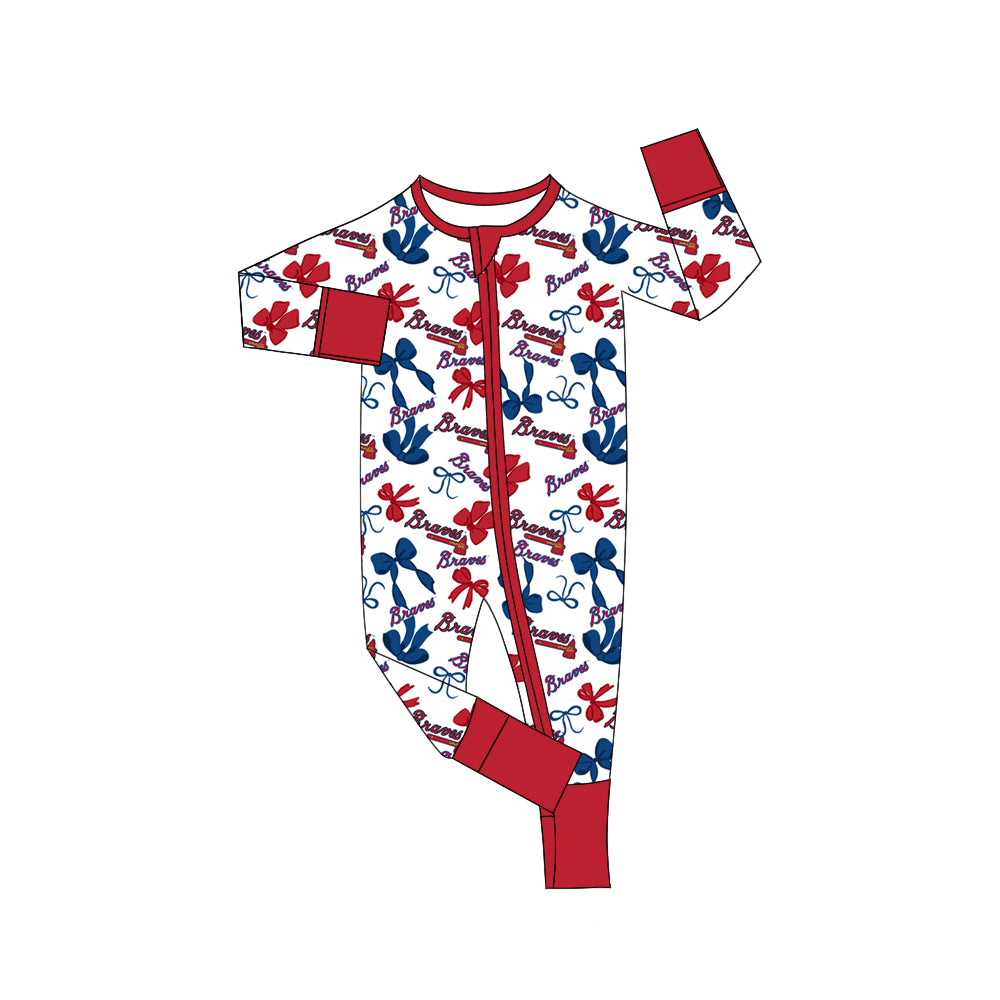 MOQ 3 pcs long sleeves B red blue bows baby team zip romper
