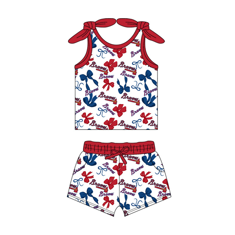 MOQ 3 pcs sleeveless B red blue bow top shorts girls team clothes