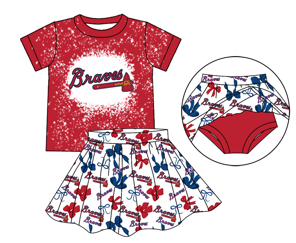 MOQ 3 pcs red B bleached top bow skirt girls team outfits