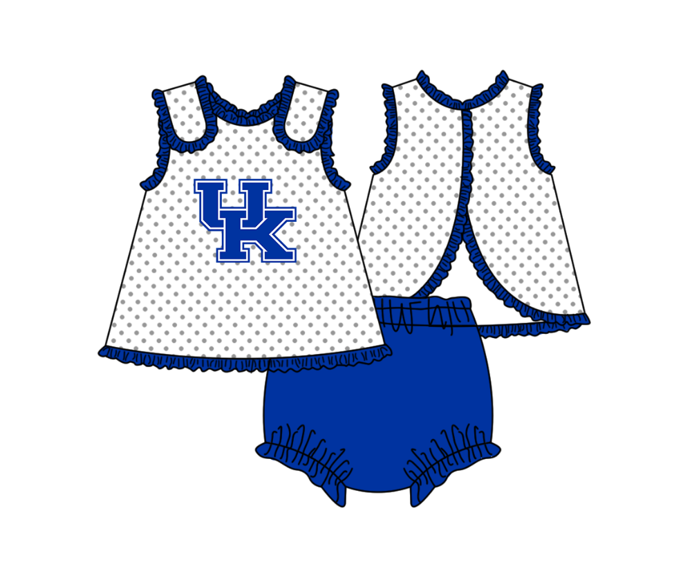 MOQ 5 pcs white polka dots sleeveless UK tunic blue bummies baby girls team set