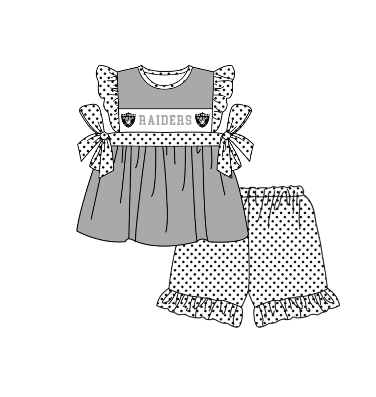 MOQ 5 pcs gray bow R tunic white polka dots ruffle shorts girls team outfit