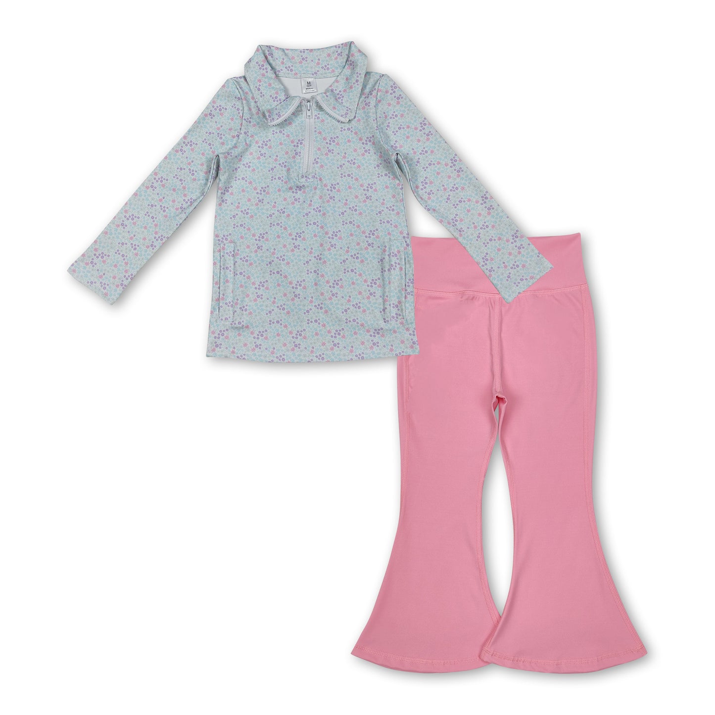 blue flowers zipper pullover match pink pant girls pocket yoga set