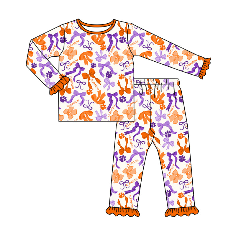 MOQ 3 Long sleeves orange purple bow kids girls team pajamas
