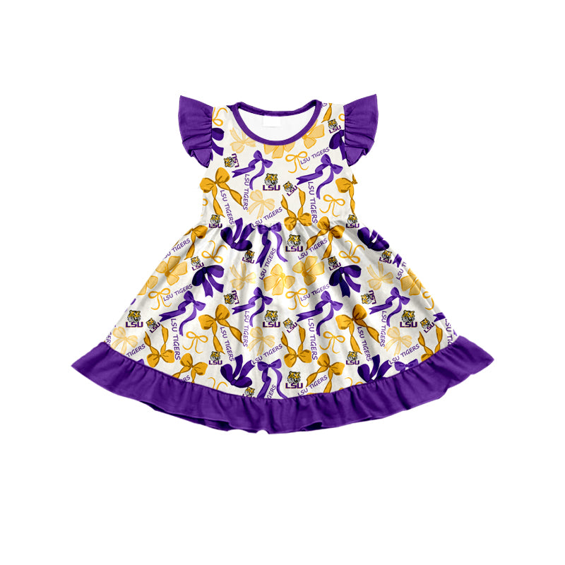 MOQ 3 pcs flutter sleeves tiger purple bows girls team dress
