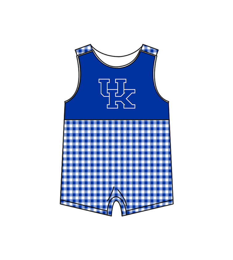 MOQ 5 pcs blue plaids sleeveless UK baby boys team romper