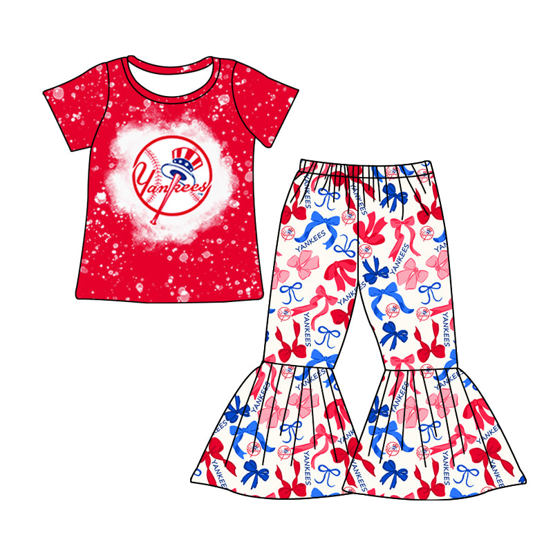 MOQ 3 pcs bleached red Y top bow pants girls team clothes
