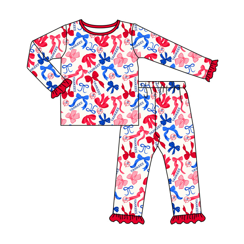 MOQ 3 Long sleeves Y red blue bow kids girls team pajamas