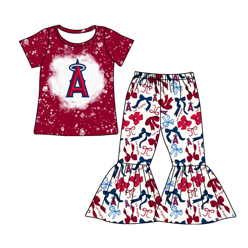 MOQ 3 pcs bleached red A top bow pants girls team clothes