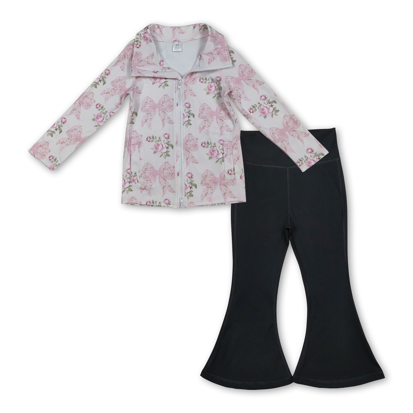 pink flowers bows zipper pullover match black pant girls pocket yoga set