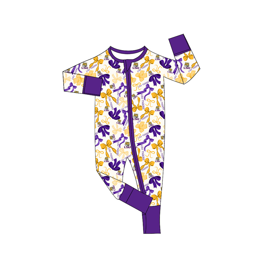 MOQ 3 pcs long sleeves tiger purple bows baby team zip romper