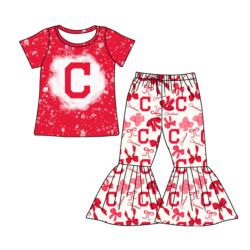 MOQ 3 pcs bleached red C top bow pants girls team clothes
