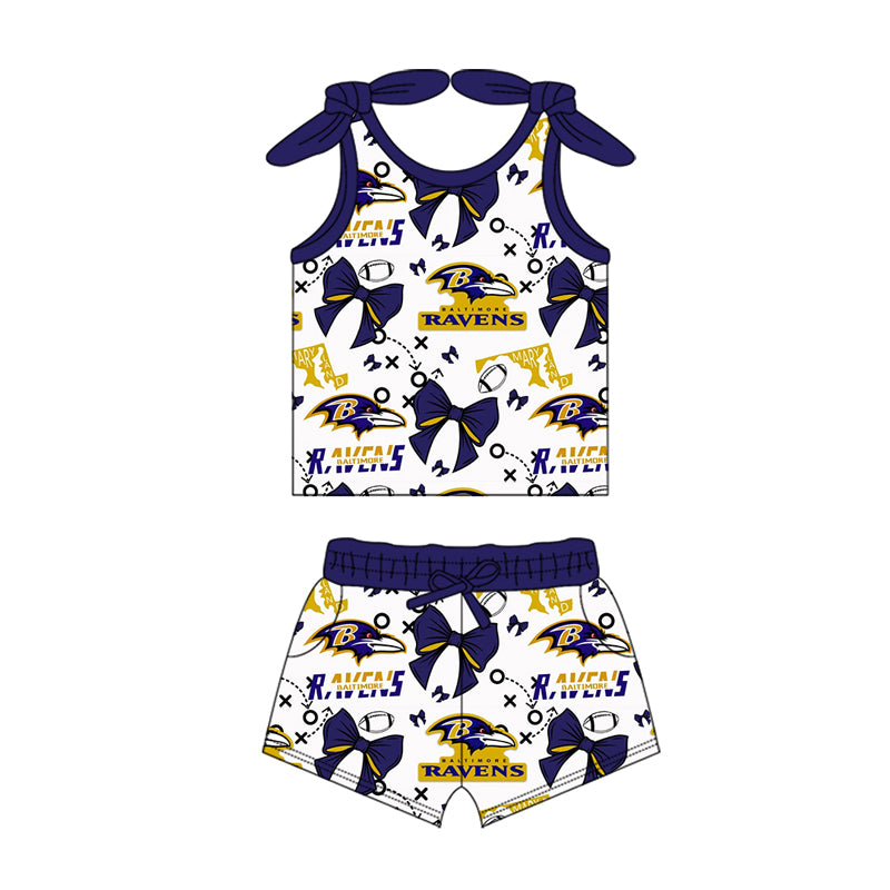 MOQ 3 pcs sleeveless blue bow football kids girls team outfits