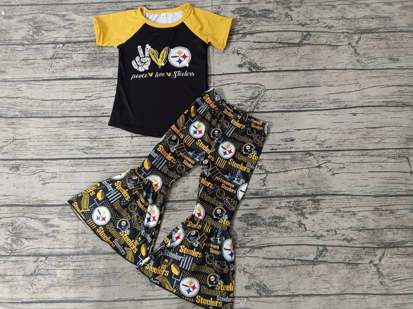 MOQ 3 pcs peace love yellow top pants boy clothing set