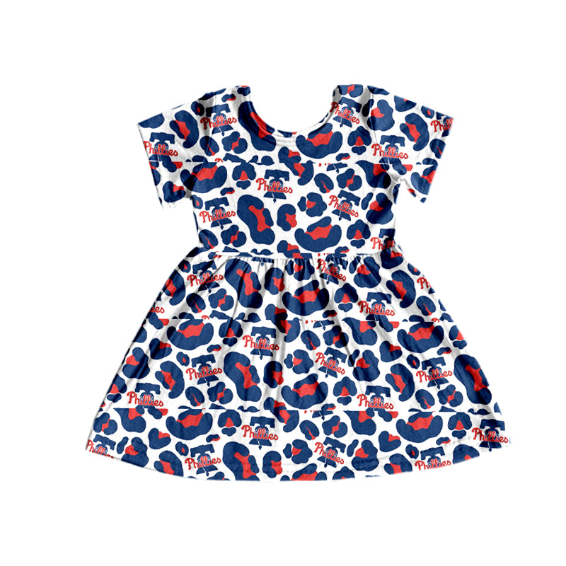 MOQ 5 PCS p blue leopard short sleeves girls team dress