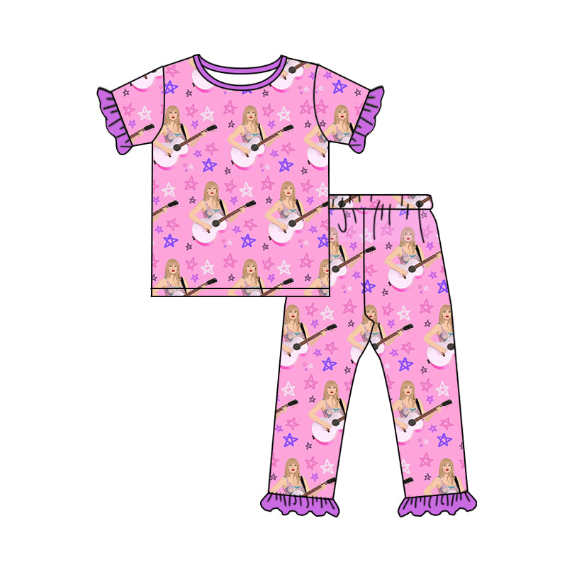 MOQ 3 Short sleeves pink star guitar ears singer girls pajamas